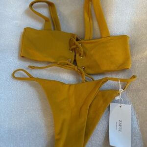 Zaful Golden Bikini Set with Lace-Up Detail